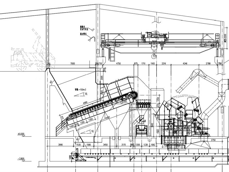 图解重型板式给料机和泥石分离机的工艺布置。